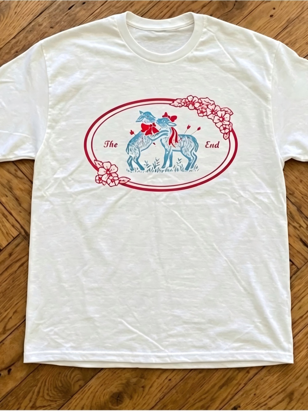 Vintage The End Two Lambs Floral Print White Casual Graphic T-shirt Unisex
